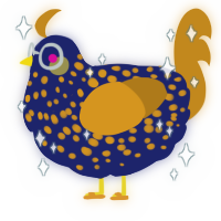 A navy and ochre chicken with a speckle pattern