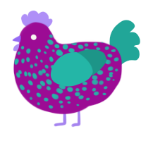 A plum and turquoise chicken with a speckle pattern