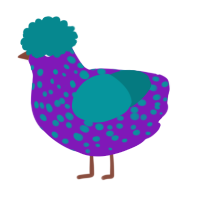 A violet and teal chicken with a speckle pattern