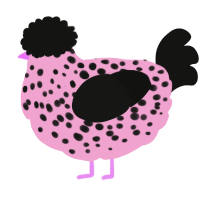 A pink and black chicken with a speckle pattern