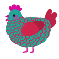 A turquoise and crimson chicken with a lace pattern