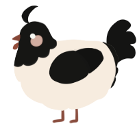 A cream and black chicken with a head pattern