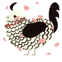 A white and black chicken with a lace pattern