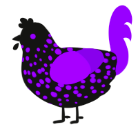 Puddle of Void Mass, a black and violet chicken with a speckle pattern