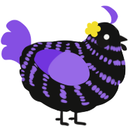A black and blurple chicken with a bar pattern