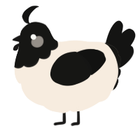 A cream and black chicken with a head pattern