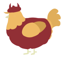A fuchsia and ochre chicken with a head pattern