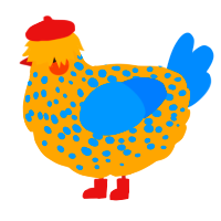 A orange and sapphire chicken with a speckle pattern