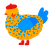 A orange and sapphire chicken with a speckle pattern
