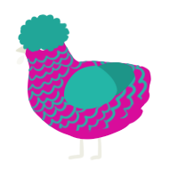 A fuchsia and turquoise chicken with a lace pattern