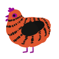 A vermilion and black chicken with a bar pattern