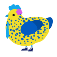 A yellow and ultramarine chicken with a speckle pattern