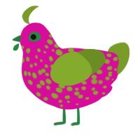 A fuchsia and chartreuse chicken with a speckle pattern