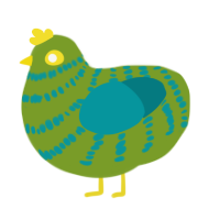 A chartreuse and teal chicken with a bar pattern