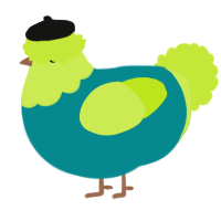 A teal and lime chicken with a head pattern
