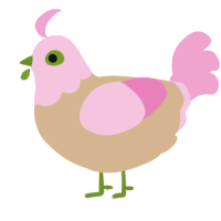 Cupcake in wrapper, a beige and pink chicken with a head pattern