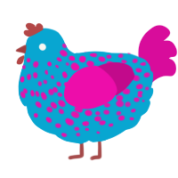A cerulean and fuchsia chicken with a speckle pattern