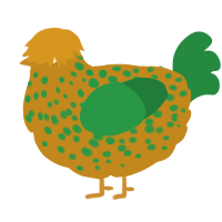 A ochre and viridian chicken with a speckle pattern