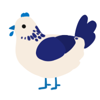 A cream and navy chicken with a neck-speckle pattern