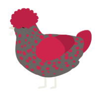 A grey and crimson chicken with a speckle pattern