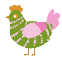 A chartreuse and pink chicken with a bar pattern