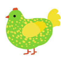 A grass and yellow chicken with a speckle pattern