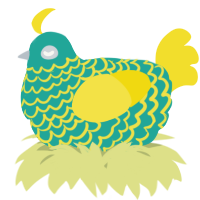 A turquoise and yellow chicken with a lace pattern