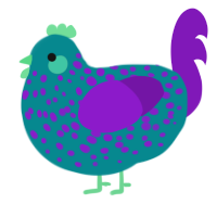 A teal and violet chicken with a speckle pattern