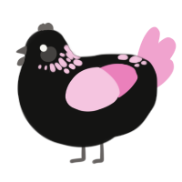 A black and pink chicken with a neck-speckle pattern