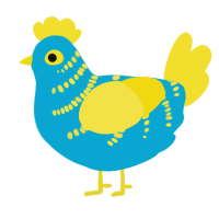 A cerulean and yellow chicken with a half-bar pattern