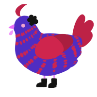 A indigo and crimson chicken with a bar pattern