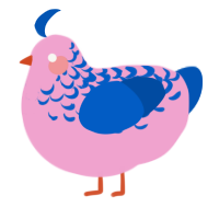 A pink and ultramarine chicken with a half-lace pattern