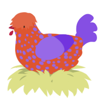 A vermilion and blurple chicken with a speckle pattern