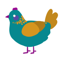 A teal and ochre chicken with a neck-speckle pattern