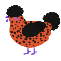A vermilion and black chicken with a speckle pattern