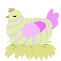 A apple and lavender chicken with a bar pattern