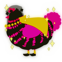 A black and fuchsia chicken with a bar pattern