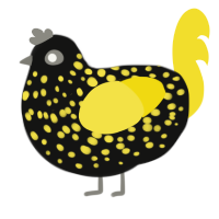 Twisted Nerve, a black and yellow chicken with a speckle pattern