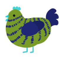 Blue Matcha, a chartreuse and navy chicken with a bar pattern