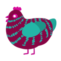 A maroon and turquoise chicken with a bar pattern