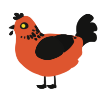 A vermilion and black chicken with a neck-speckle pattern