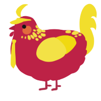 A crimson and yellow chicken with a neck-speckle pattern