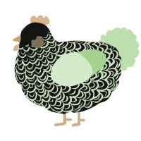 A black and gluppy chicken with a double-lace pattern