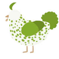 A white and chartreuse chicken with a speckle pattern
