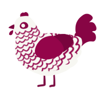 A white and maroon chicken with a lace pattern