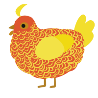 A vermilion and yellow chicken with a double-lace pattern