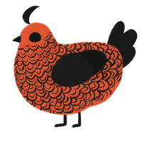 A vermilion and sable chicken with a double-lace pattern