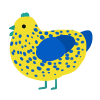 A yellow and ultramarine chicken with a speckle pattern