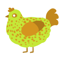 A lime and ochre chicken with a speckle pattern