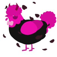 A black and fuchsia chicken with a head pattern